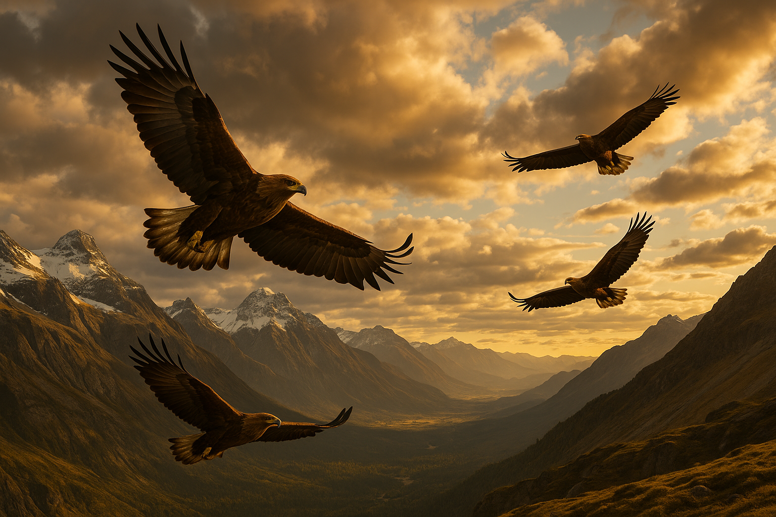 eagles flying across a view in the mountains